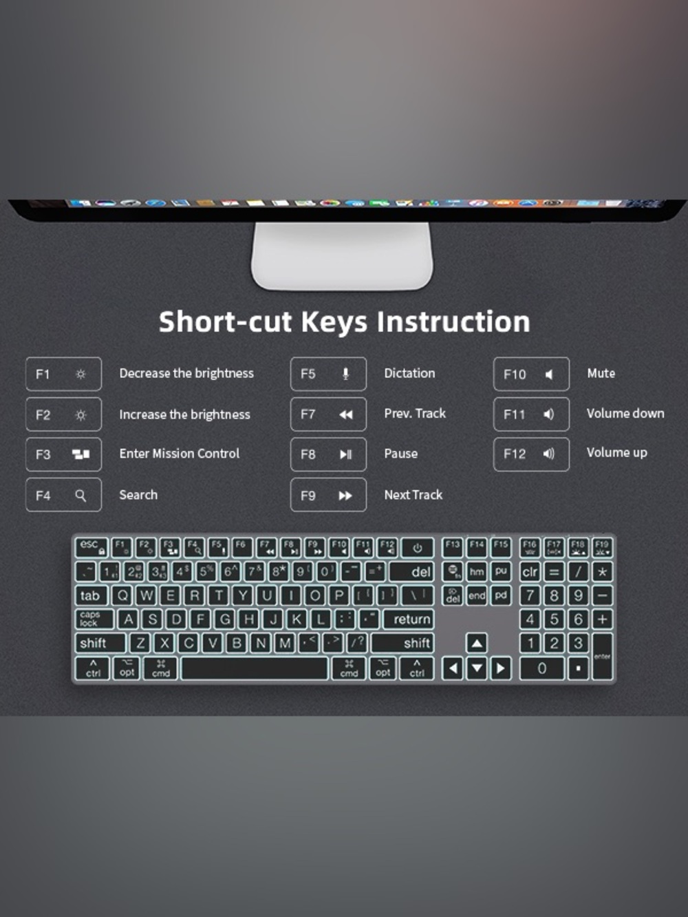 POWZAN Large Print Aluminum Bluetooth Keyboard for Mac / Ipad - 7 Backlit colors - Picture 14 of 16